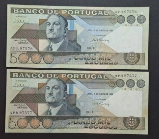 Portugal 2 Nºs Seguidos 5000 Escudos 1986 Quase Novas