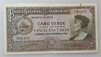 Cabo Verde 5 Escudos 1945 Bela