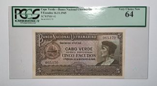 Cabo Verde 5 Escudos 1945 Certificada PCGS 64
