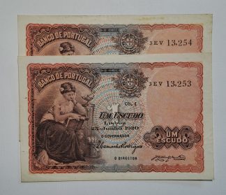 Portugal 1 Escudo 1920 2x Números Seguidos, Quase Novas / Novas