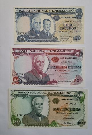 Moçambique Coleção 100+500+1000 Escudos 1972 NOVAS