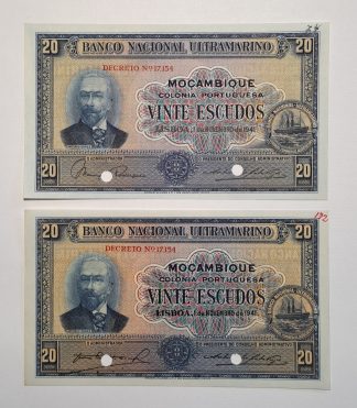 Moçambique 20 Escudos 1941 2x SPECIMENS Assinaturas Diferentes, Novas