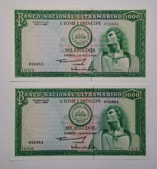 São Tomé 1000 Escudos 1964 2 Números Seguidos NOVAS (Muito RARO)