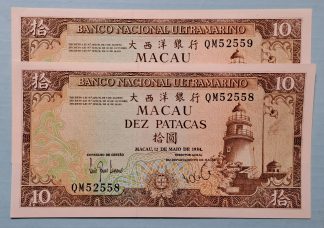 Macau 2x 10 Patacas 1984 Números Seguidos Quase Novas
