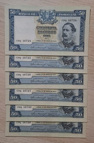 Lote Portugal 50 Escudos 1955  (6x Números Seguidos) Quase Novas / Novas