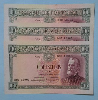 Lote Portugal 100 Escudos 1954  (3x Números Seguidos) Quase Novas