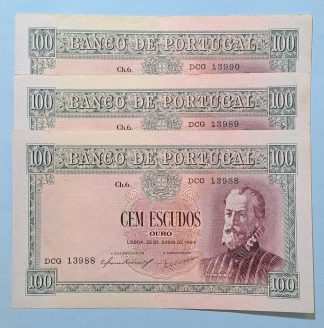 Lote Portugal 100 Escudos 1954  (3x Números Seguidos) Quase Novas