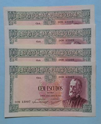 Lote Portugal 100 Escudos 1954  (4x Números Seguidos) Quase Novas