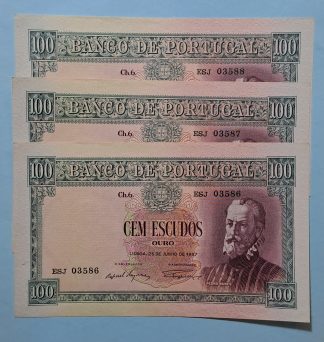 Lote Portugal 100 Escudos 1957  (3x Números Seguidos) Quase Novas