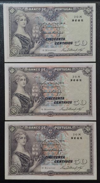 Portugal 50 Centavos 1918 Lote 3x da Mesma Série, Novas