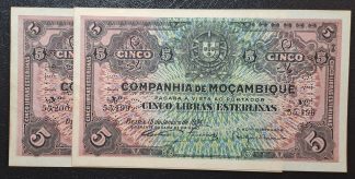 Companhia de Moçambique (Moçambique) Lote 5 Libras 1934 2x Números Seguidos, Novas