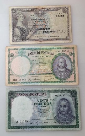 Conjunto de 3 notas antigas portuguesas