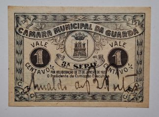 C.M. Guarda 1 Centavo 1922 MA#1075 Chancela Arnaldo Portas (Comum) Nova