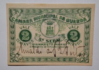 C.M. Guarda 2 Centavos 1922 MA#1076 Chancela Arnaldo Portas (Comum) Nova