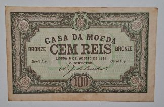 Casa da Moeda 100 Reis 1891 Série F.v Bela / Quase Nova