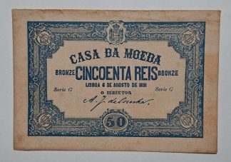 Casa da Moeda 50 Reis 1891 Série G  Bela / Quase Nova